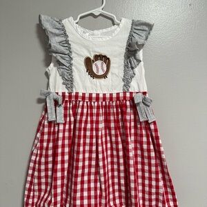 Red Gingham Baseball Dress with Gray Ruffles